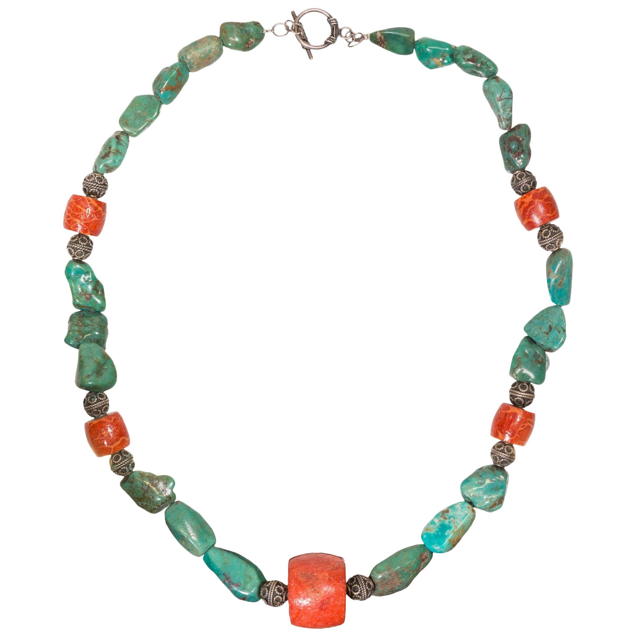 Navajo Turquoise and Coral Nugget Necklace