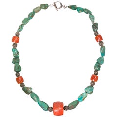 Navajo Turquoise and Coral Nugget Necklace