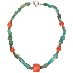 Retro Navajo Turquoise and Coral Nugget Necklace