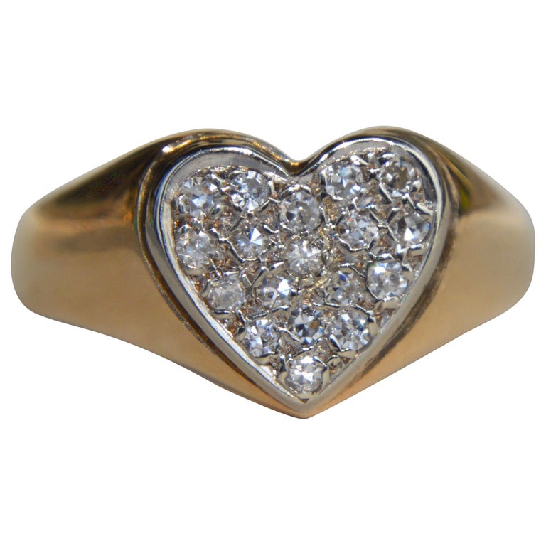 Vintage 14 Karat Gold Diamond Pave Heart Signet Ring at 1stDibs