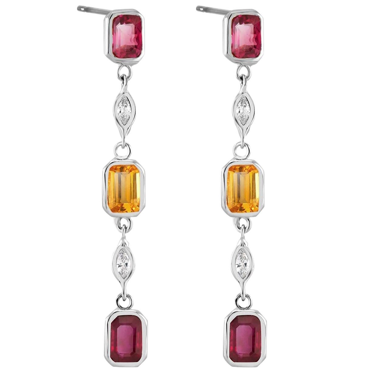 Ruby Yellow Sapphire Marquise Diamond Drop Earrings Weighing 3.65 Carat