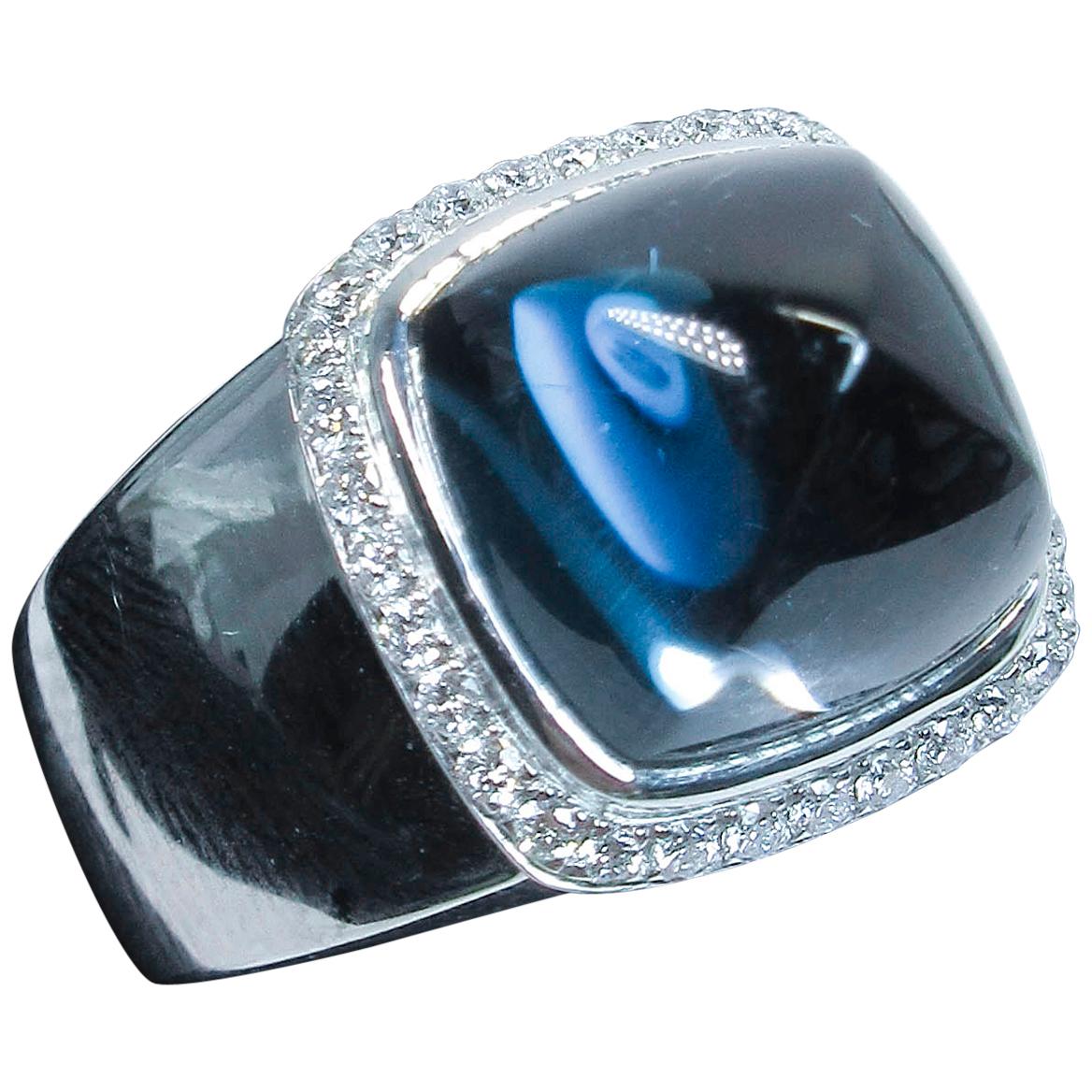 Fred of Paris 18 Karat White Gold Sugarloaf Cabochon Blue Topaz Diamond Ring