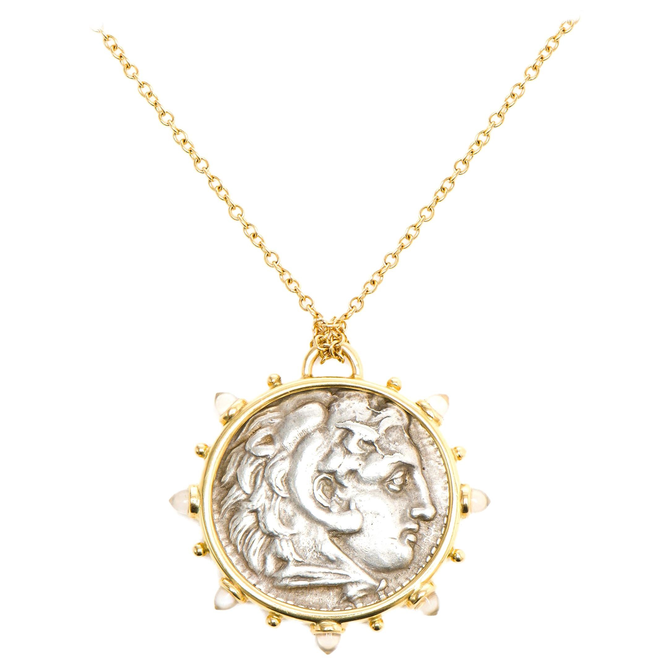 Dubini Alexander the Great Ancient Silver Coin Medallion Moonstone Gold Necklace