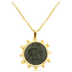 Dubini Capitoline-Wolf Ancient Bronze Coin 18 Karat Yellow Gold Necklace