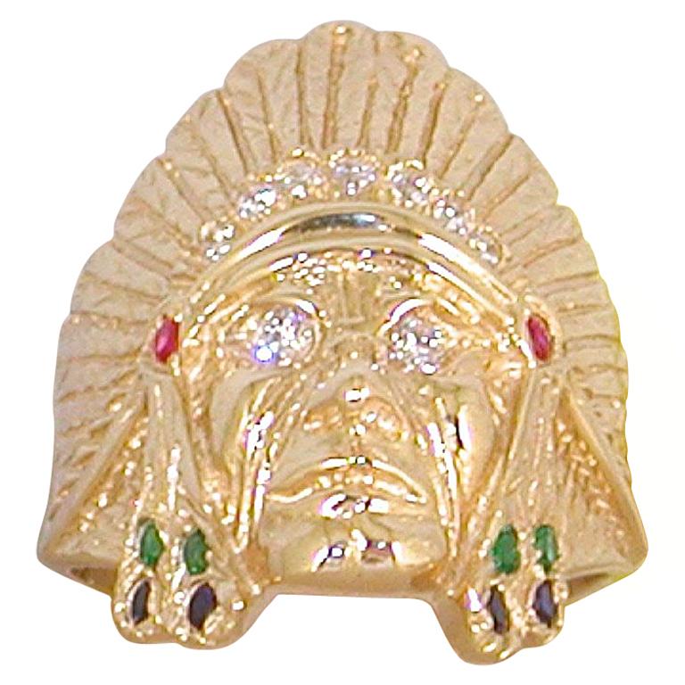 1.05 Carat 18 Karat Yellow Gold Diamond Ruby Emerald Indian Head Men's Ring  at 1stDibs
