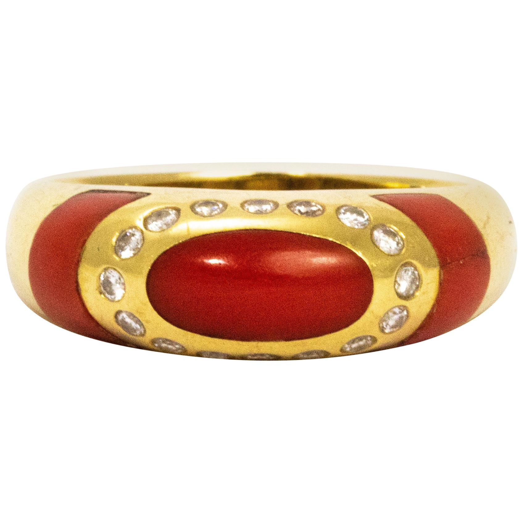 Vintage Coral and Diamond Gold Ring For Sale