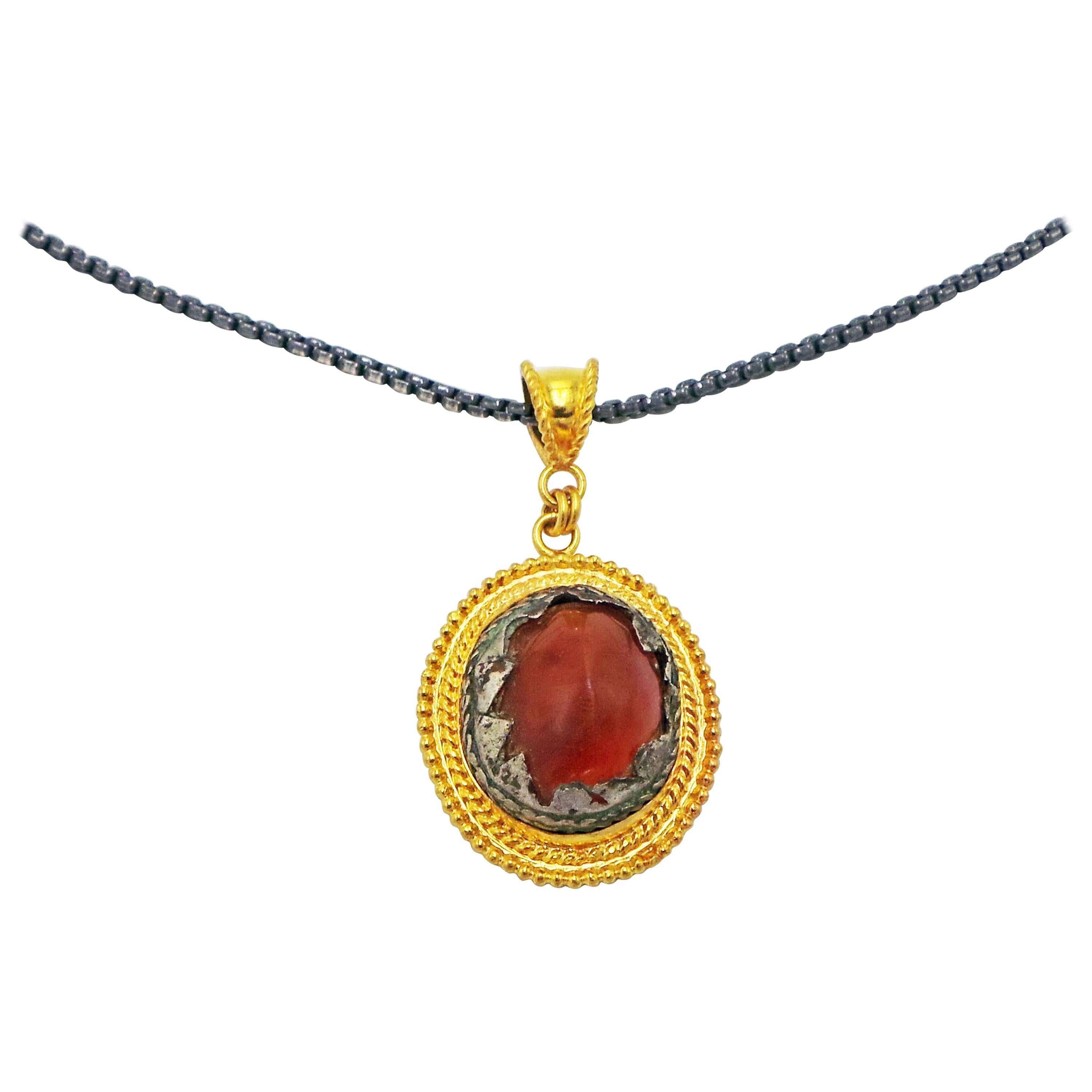 Ancient Roman Carnelian and Silver Artifact 22k Gold Pendant Necklace