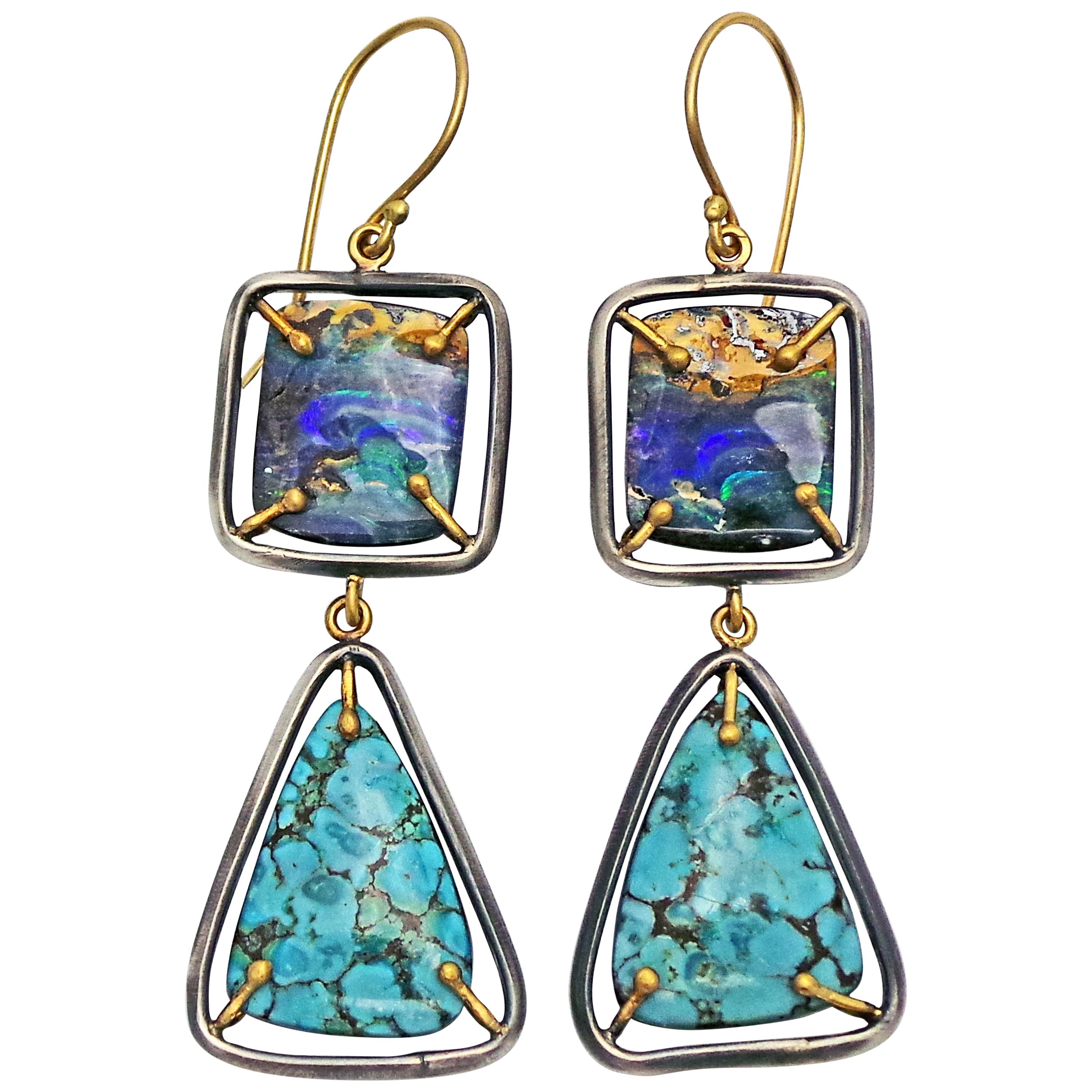 Australian Boulder Opal, Turquoise, Silver and 18 Karat Gold Dangle Earrings