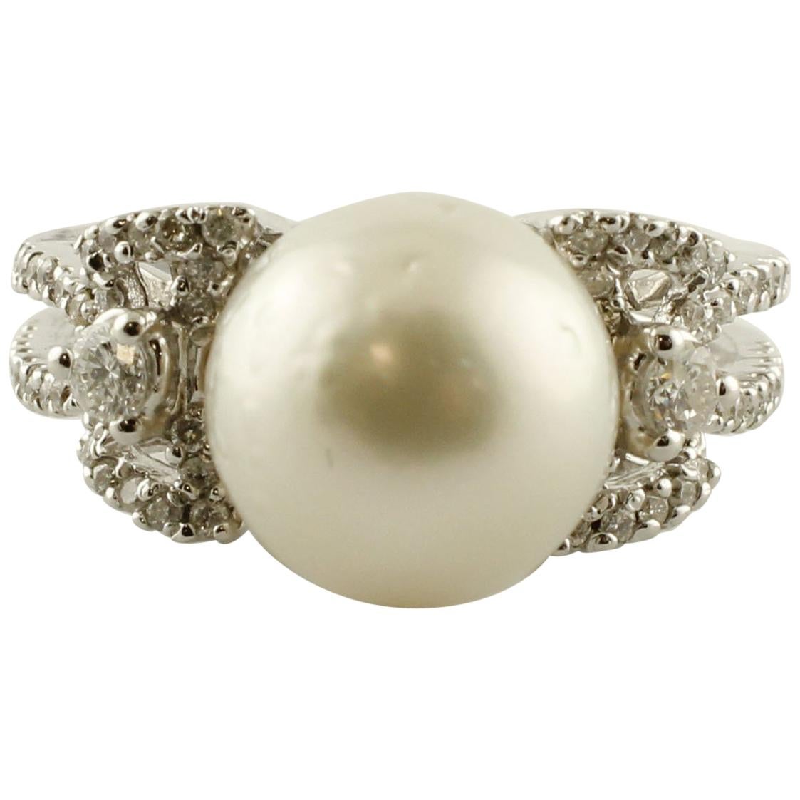 White Diamonds White Australian Pearl 18 Karat White Gold Bow Shape Fashion Ring For Sale