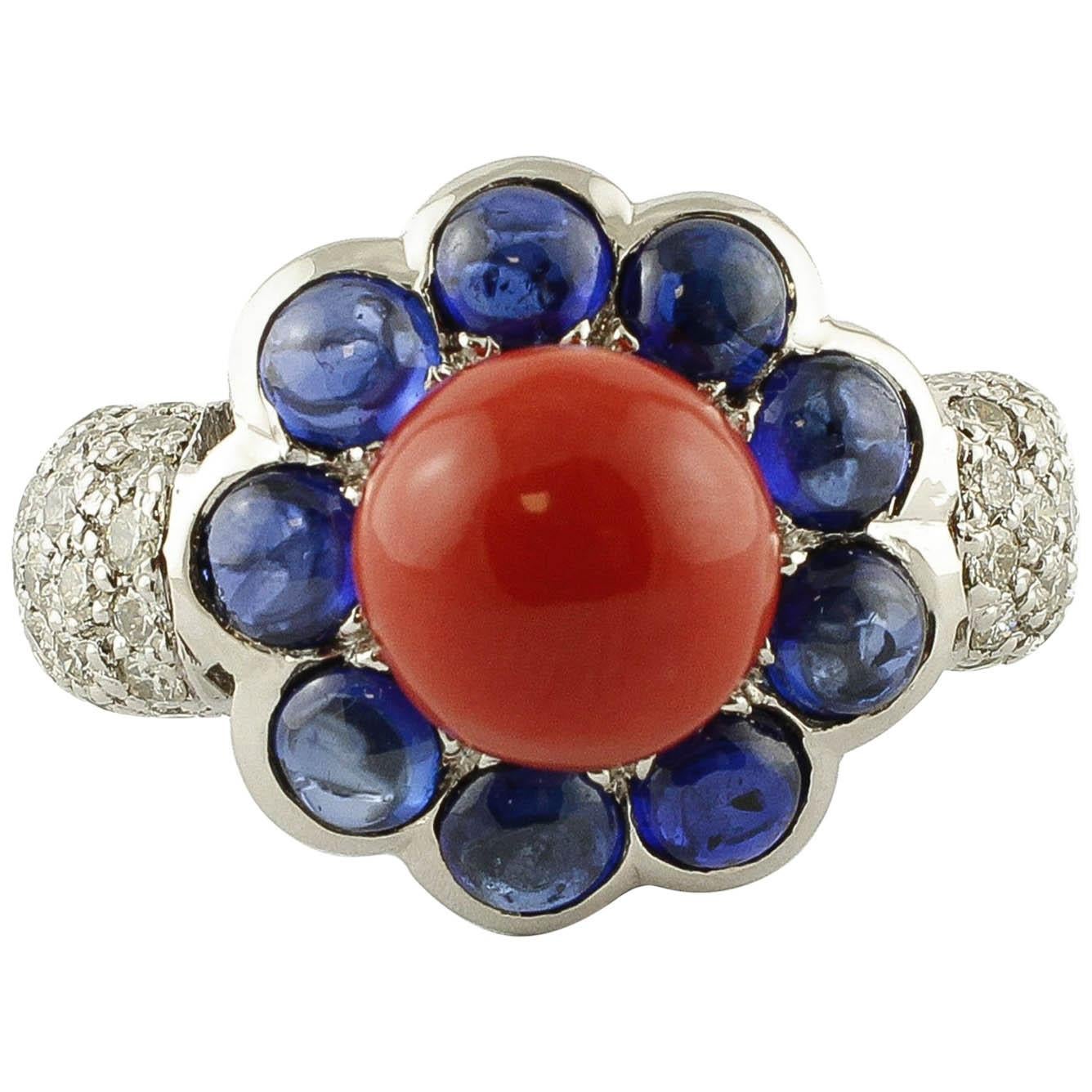 Diamonds Blue Sapphires Red Coral White Gold Flower Shape Fashion Ring