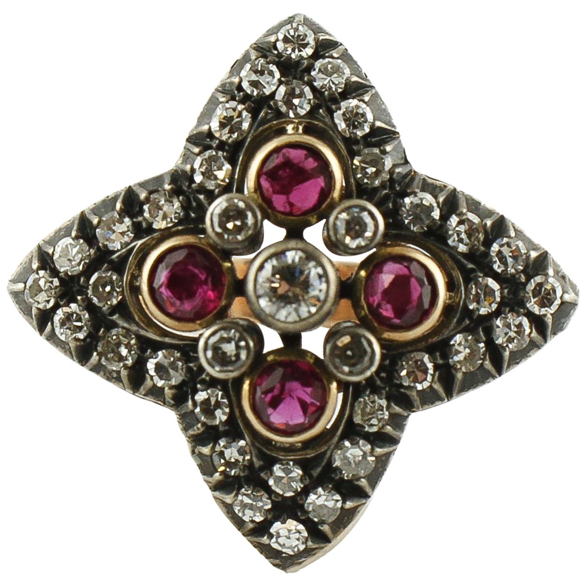 Diamant, Rubin, Rose und Weißgold Blume Form Mode Retrò Ring