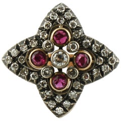 Diamond, Ruby Rose and White Gold Flower Shape Fashion Retrò Ring