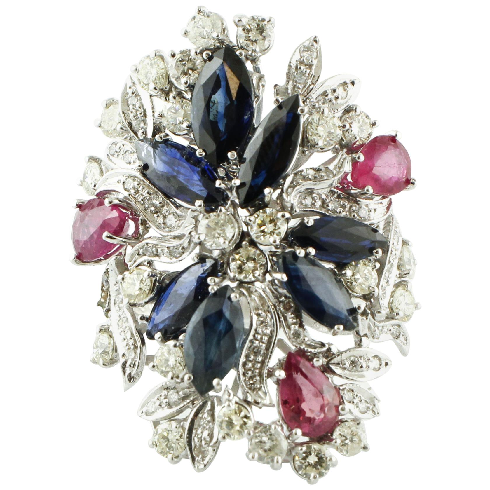 5.56 Carat Rubies Blue Sapphires 1.87 Carat Diamonds White Gold Fashion Ring