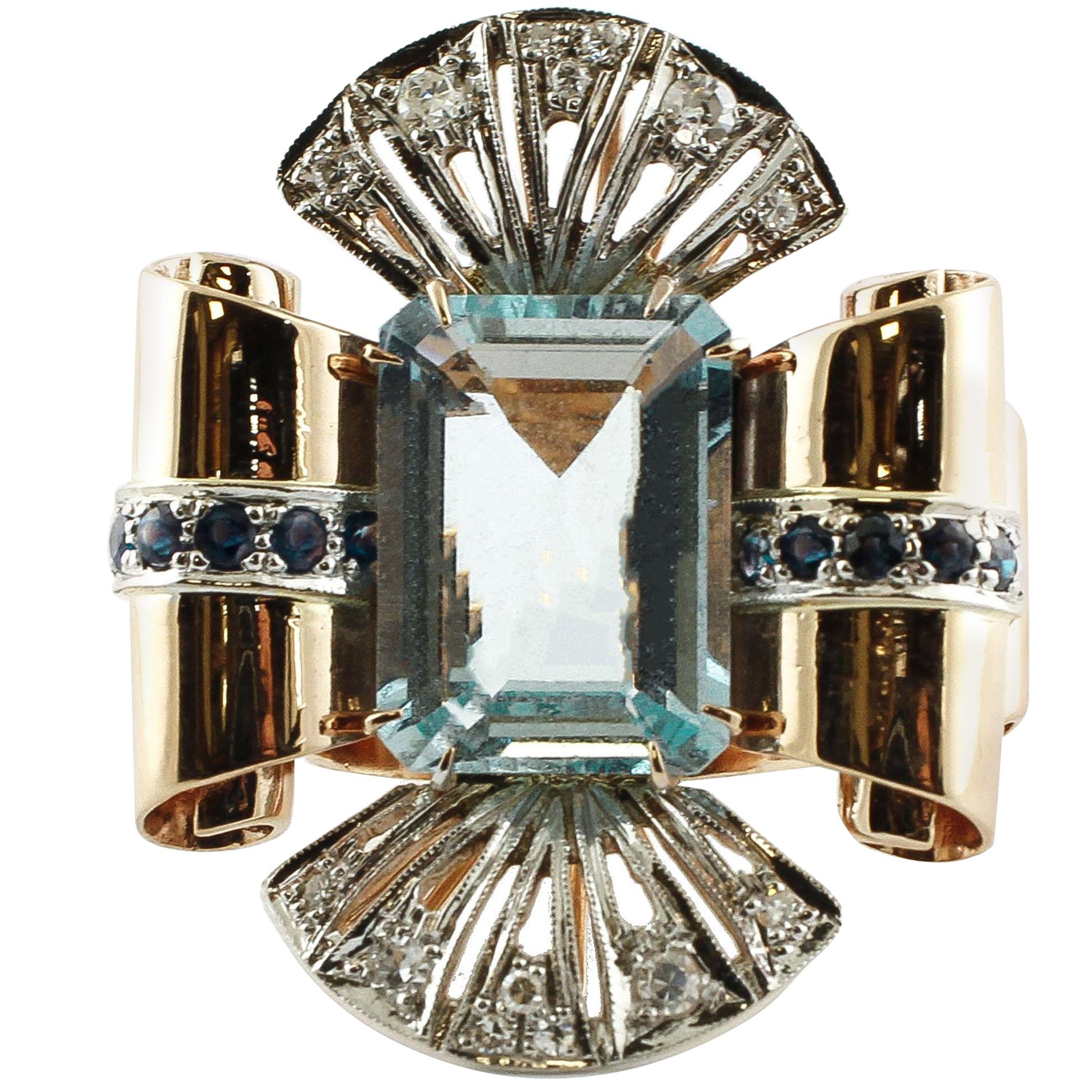 6.70 Carat Aquamarine, White Diamonds, Blue Sapphires White and Rose Gold Ring