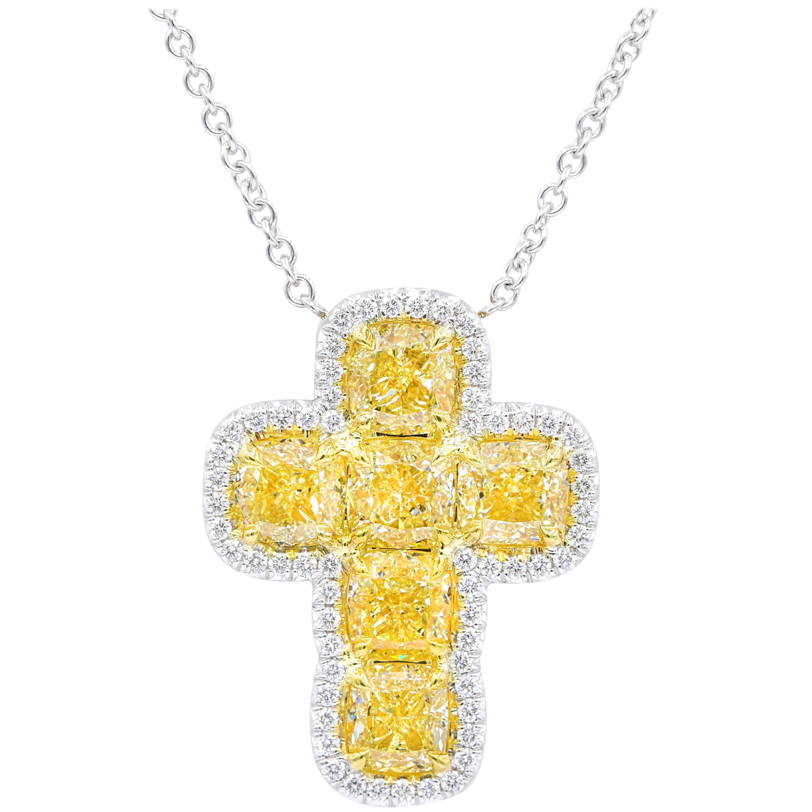 Two-Tone 6.60 Carat TW Yellow Diamond Cross Pendant For Sale