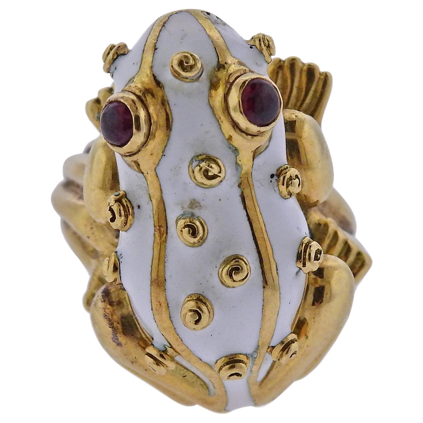 David Webb Ruby Enamel Gold Frog Ring