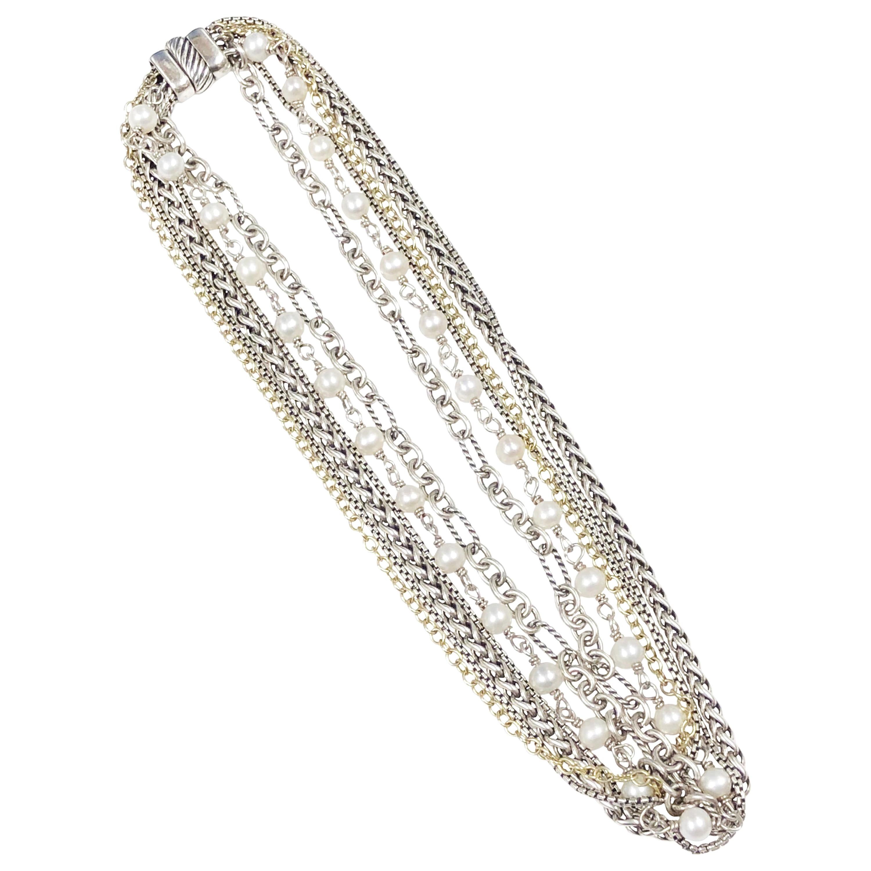 David Yurman Multi Strand Silver Gold and Pearls Necklace