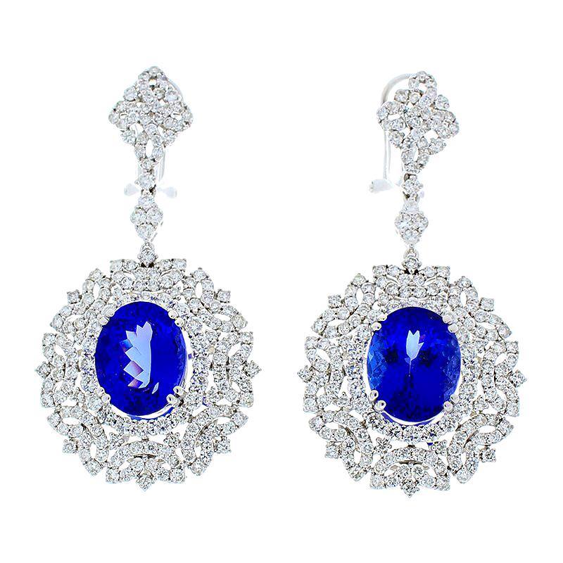 8.70 Carat Total Oval Tanzanite and Diamond Earrings in 18 Karat White Gold