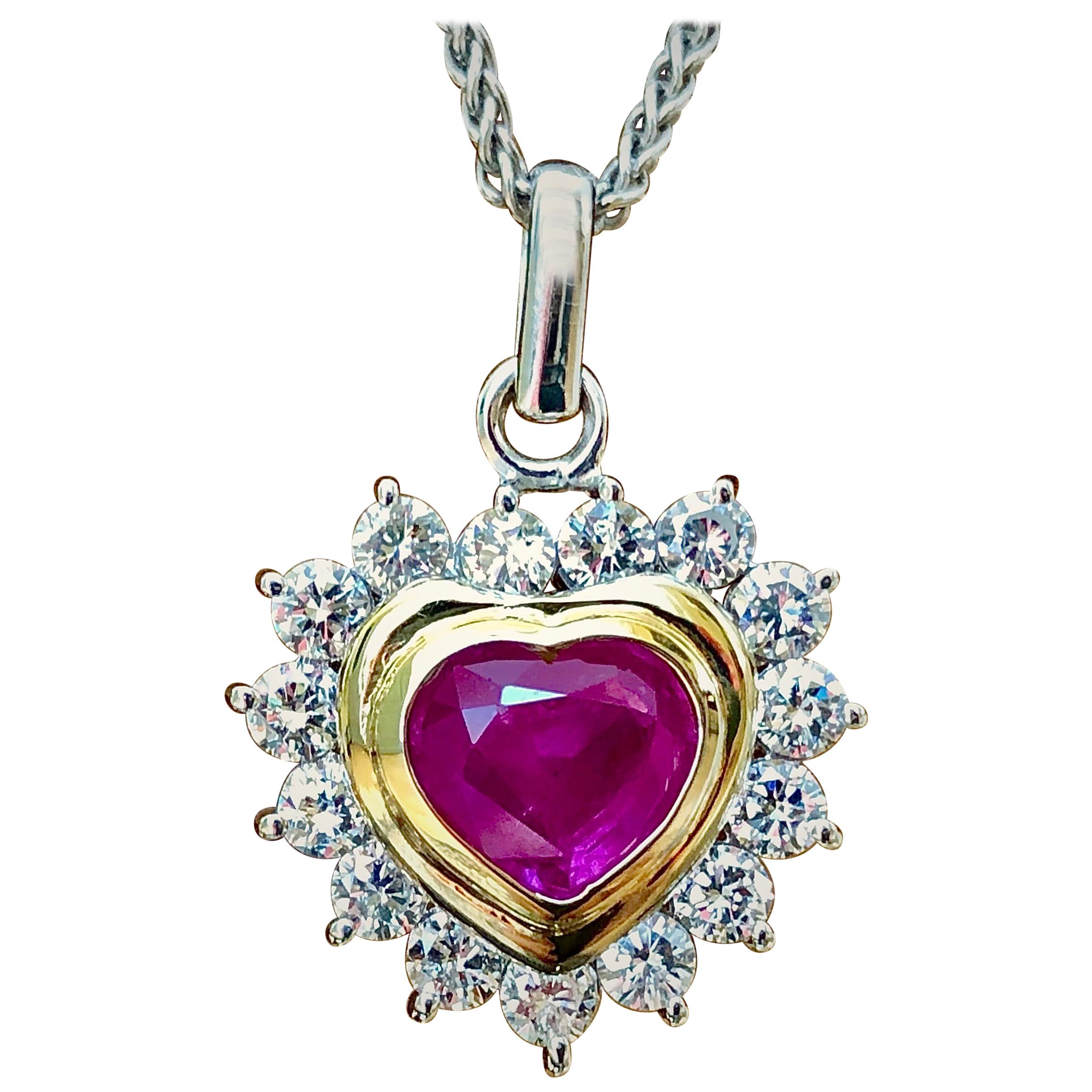 3.50 Carat Natural Burma Ruby Diamonds Heart Pendant 18 Karat For Sale