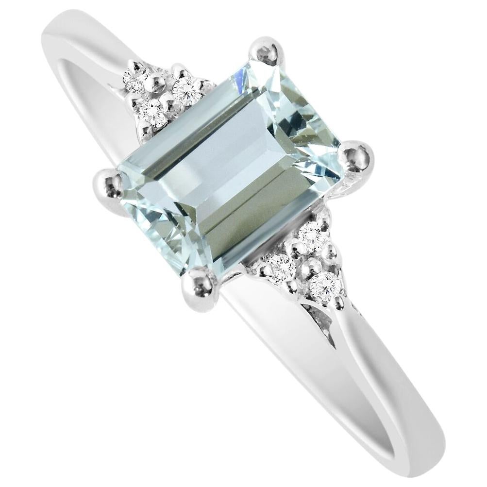 0.90 Carat Natural Emerald Cut Aquamarine Ring Solid White Gold with 6 Diamonds