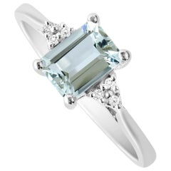 0.90 Carat Natural Emerald Cut Aquamarine Ring Solid White Gold with 6 Diamonds