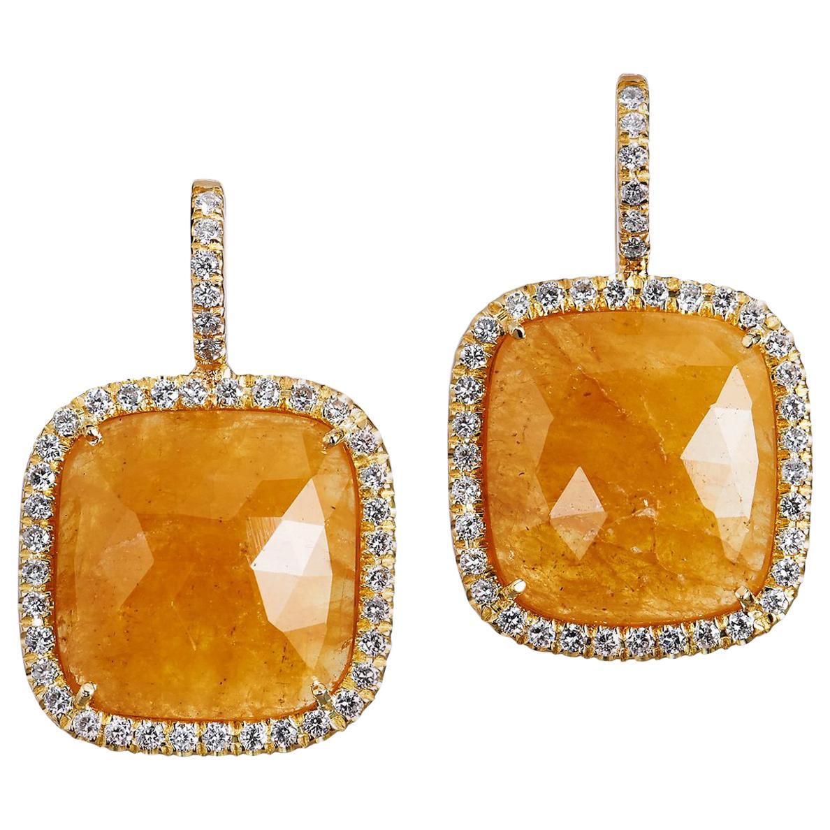13.58 Carat Cushion Cut Yellow Sapphire Slice Diamond Gold Earrings