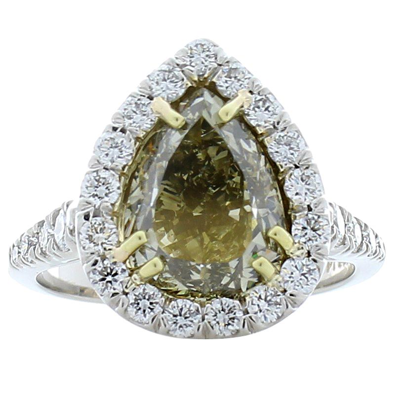 GIA Certified 4.00 Carat Pear Shape Fancy Greenish Yellow Diamond Cocktail Ring