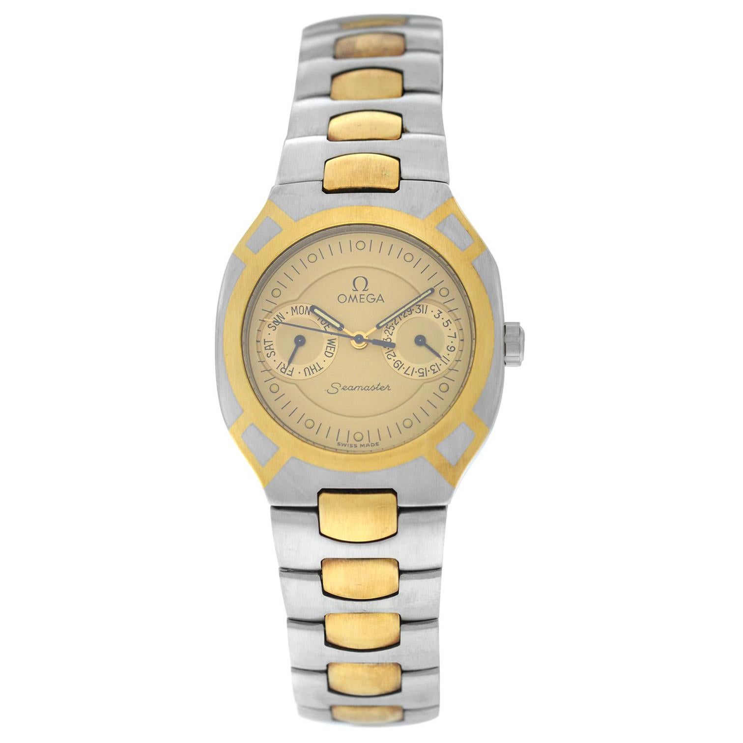 Men's Unisex Omega Seamaster Polaris Day Date Gold Quartz Watch