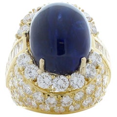 GIA Certified 24.50 Carat Oval Cabochon Blue Sapphire and Diamond Cocktail Ring