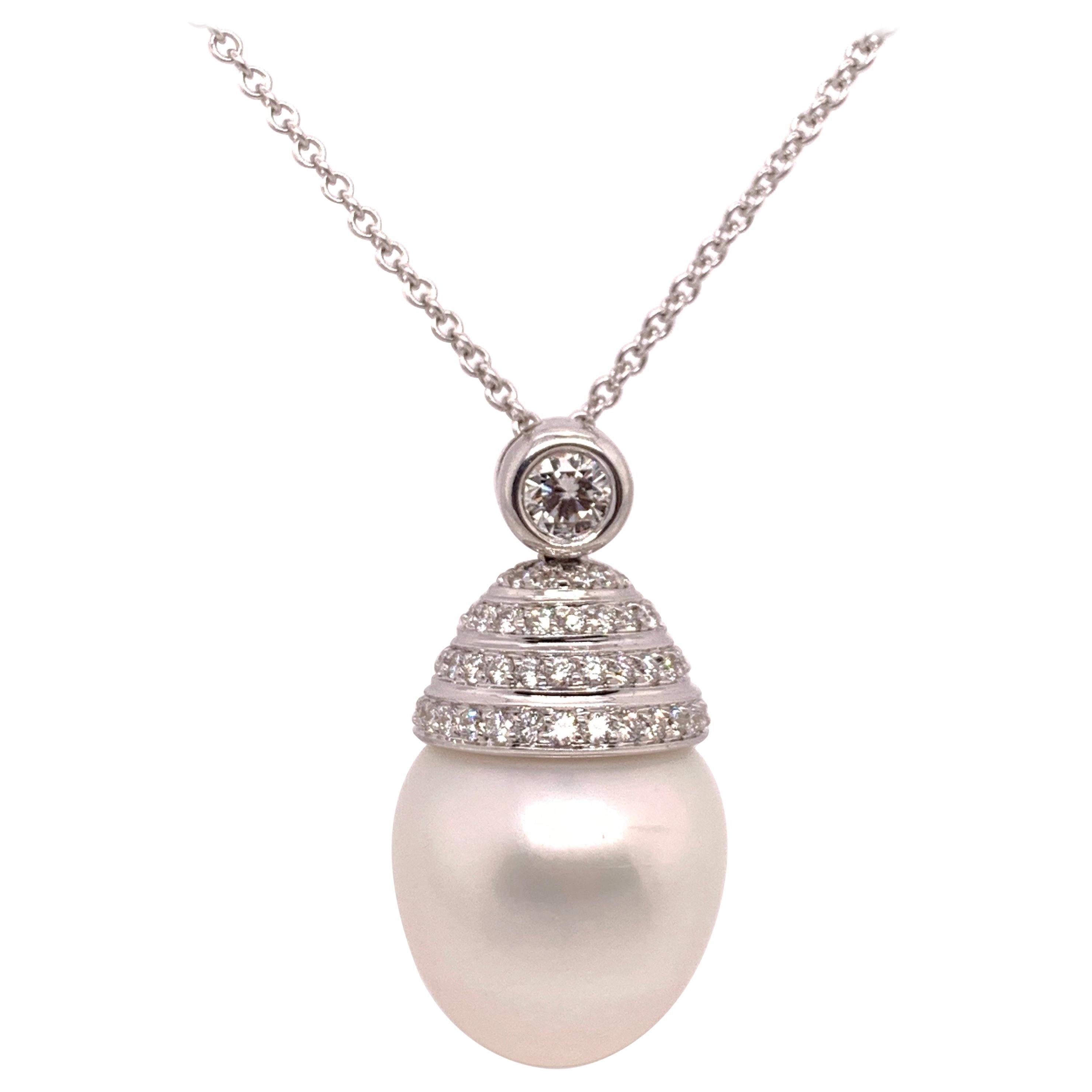 South Sea Pearl Gold Pendant 1.60 Carat Natural Colorless RBC Diamond Necklace