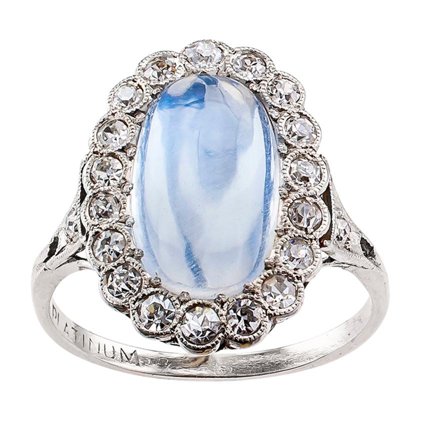 Art Deco Moonstone Diamond Platinum Ring