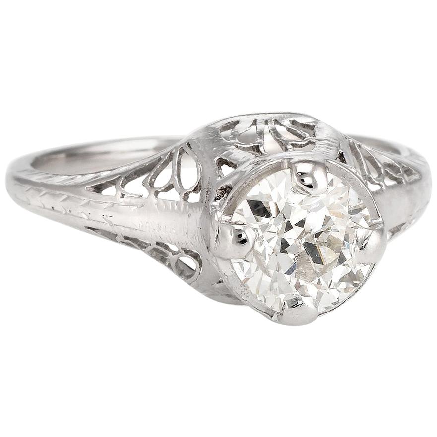 Antique Deco 1 Carat Diamond Engagement Ring 14 Karat Gold Filigree Fine Vintage For Sale