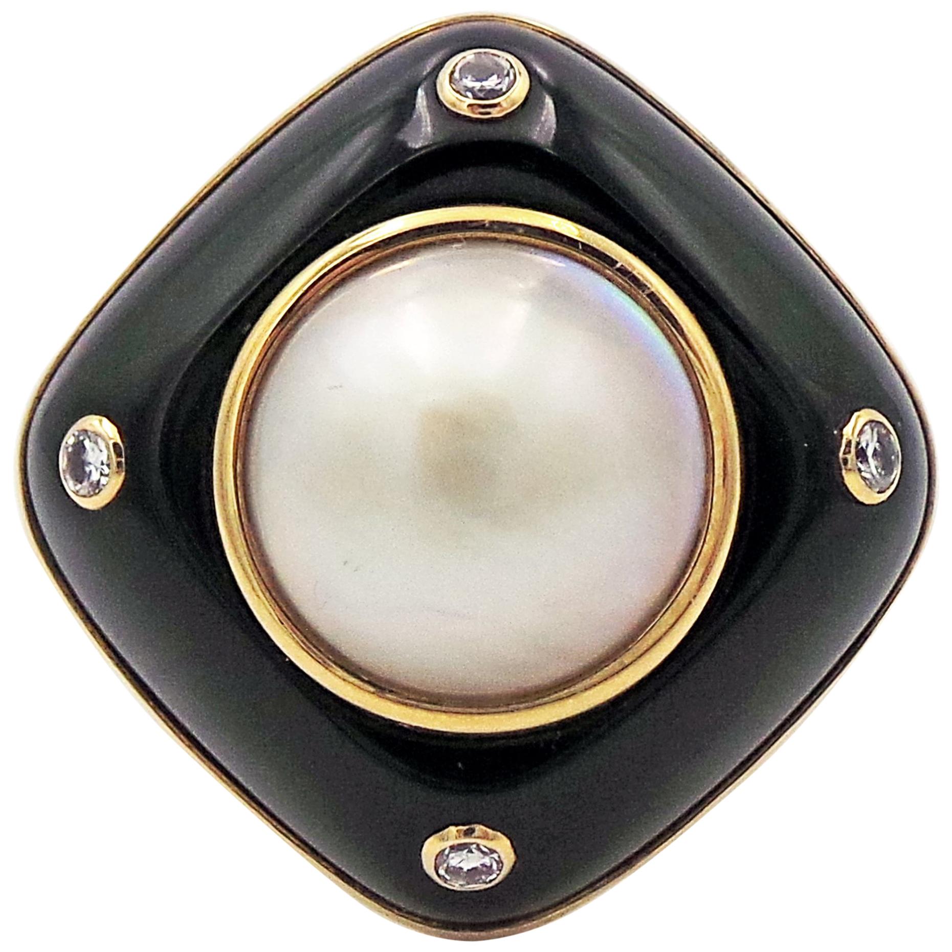 Mabe Pearl, Onyx and Diamond 14k Gold Cocktail Ring