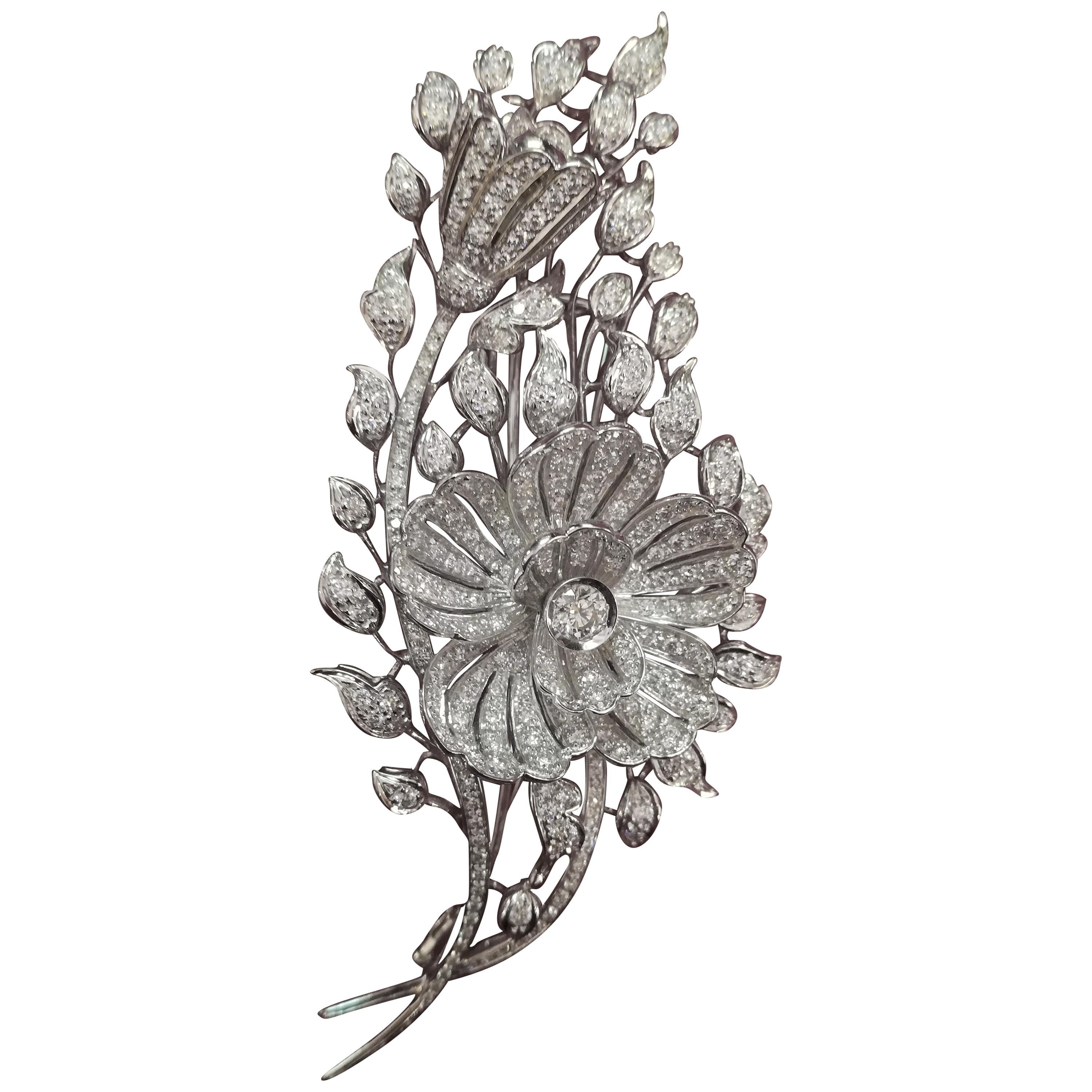 Italian Art Deco Flower Diamond White Gold Brooch For Sale