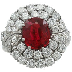 Vintage 2.82 Carat Ruby and 2.48 Carat Diamond Platinum Cluster Ring Circa 1950