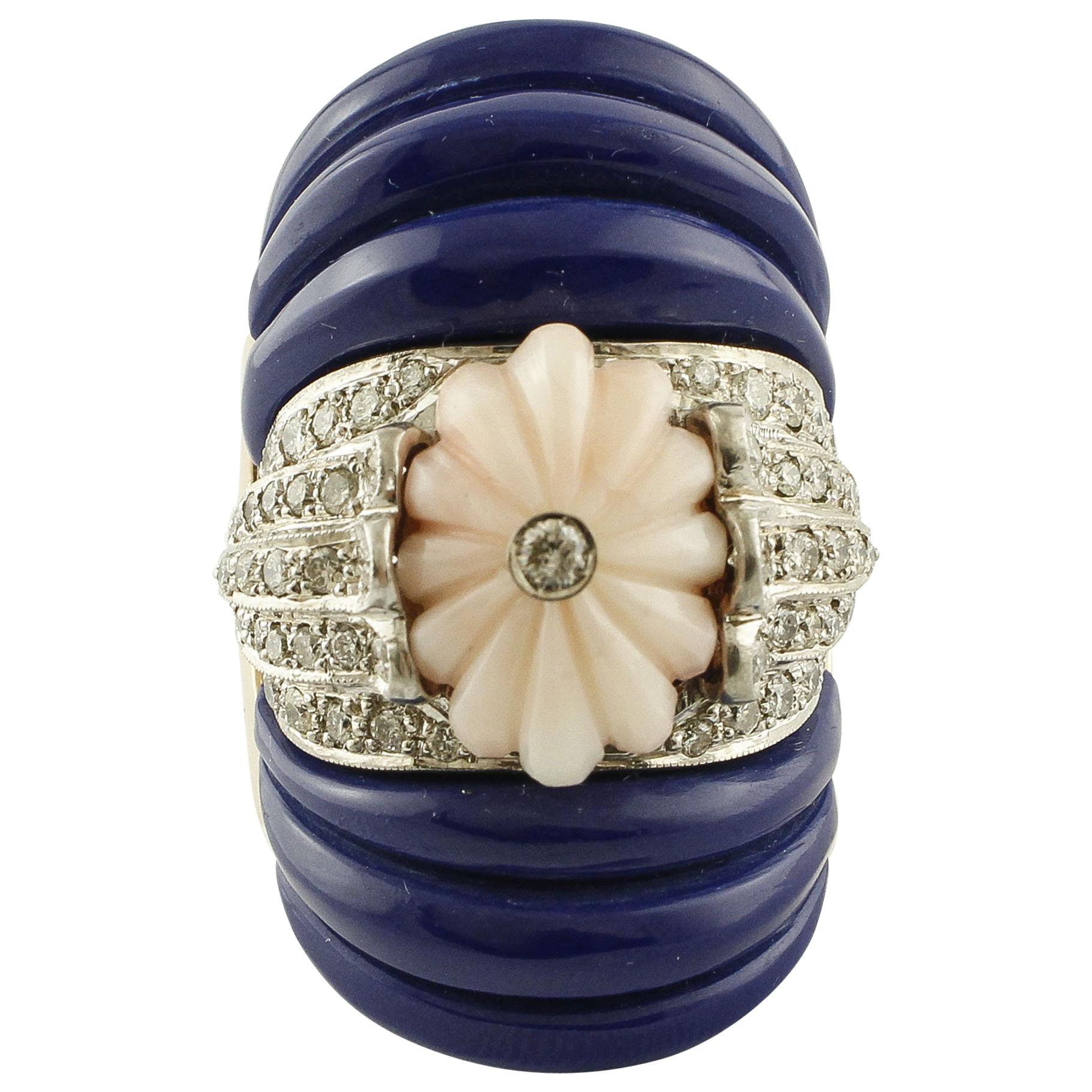1.44 Carat Diamonds, 1.30 G Pink Coral, 5.40 G Lapis Rose and Gold Fashion Ring For Sale