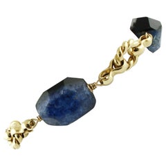 Vintage 21.80 g Blue and Black Striated Agate, 0.98 Carat Rubies, 18 Karat Gold Bracelet