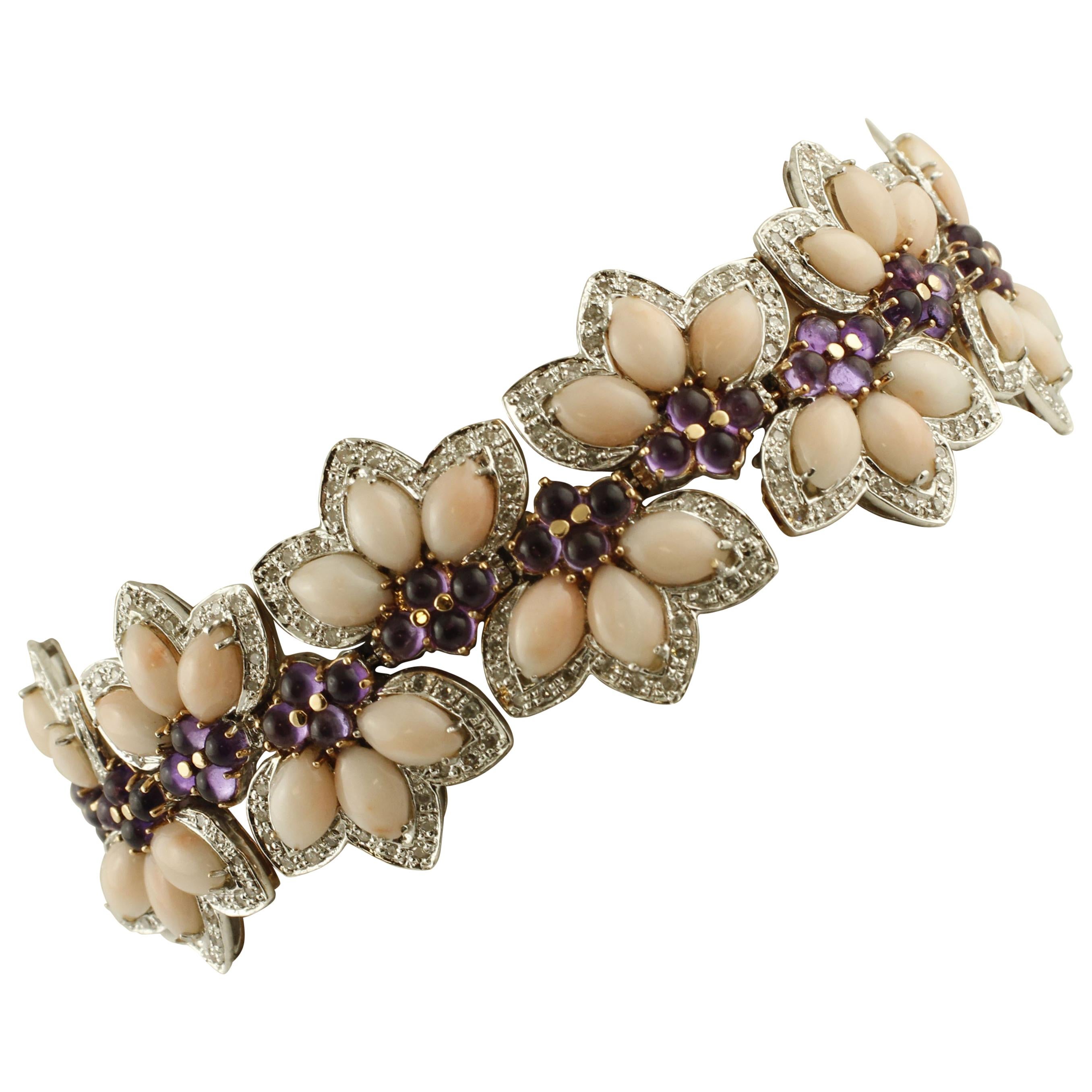 White Diamonds, Amethysts, Pink Coral Drops, White/Rose Gold Flowers Bracelet For Sale