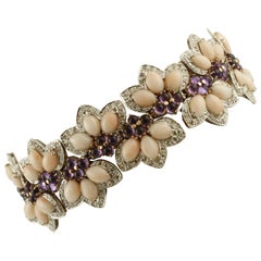 White Diamonds, Amethysts, Pink Coral Drops, White/Rose Gold Flowers Bracelet