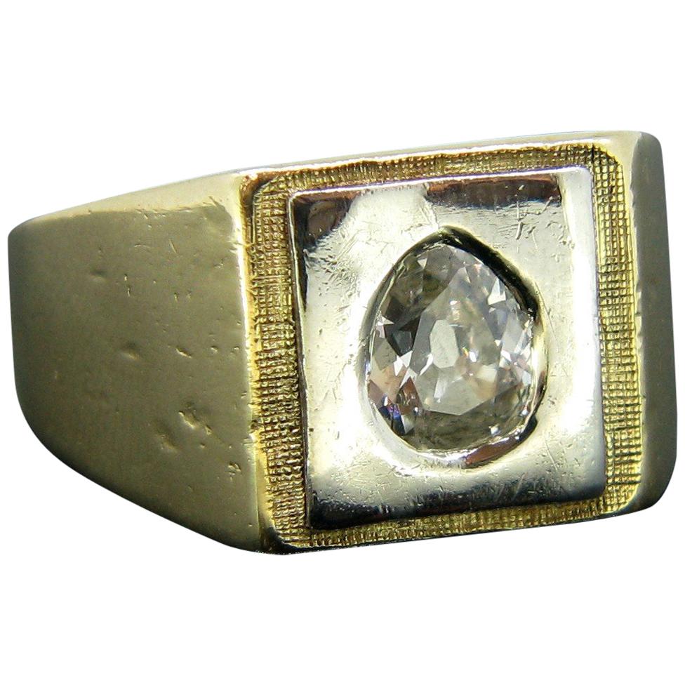 Retro Signet Pear Shaped Diamond Yellow White Gold Ring