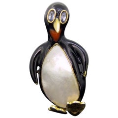 Penguin Enamel Sapphire and Mother of Pearl Pin Brooch