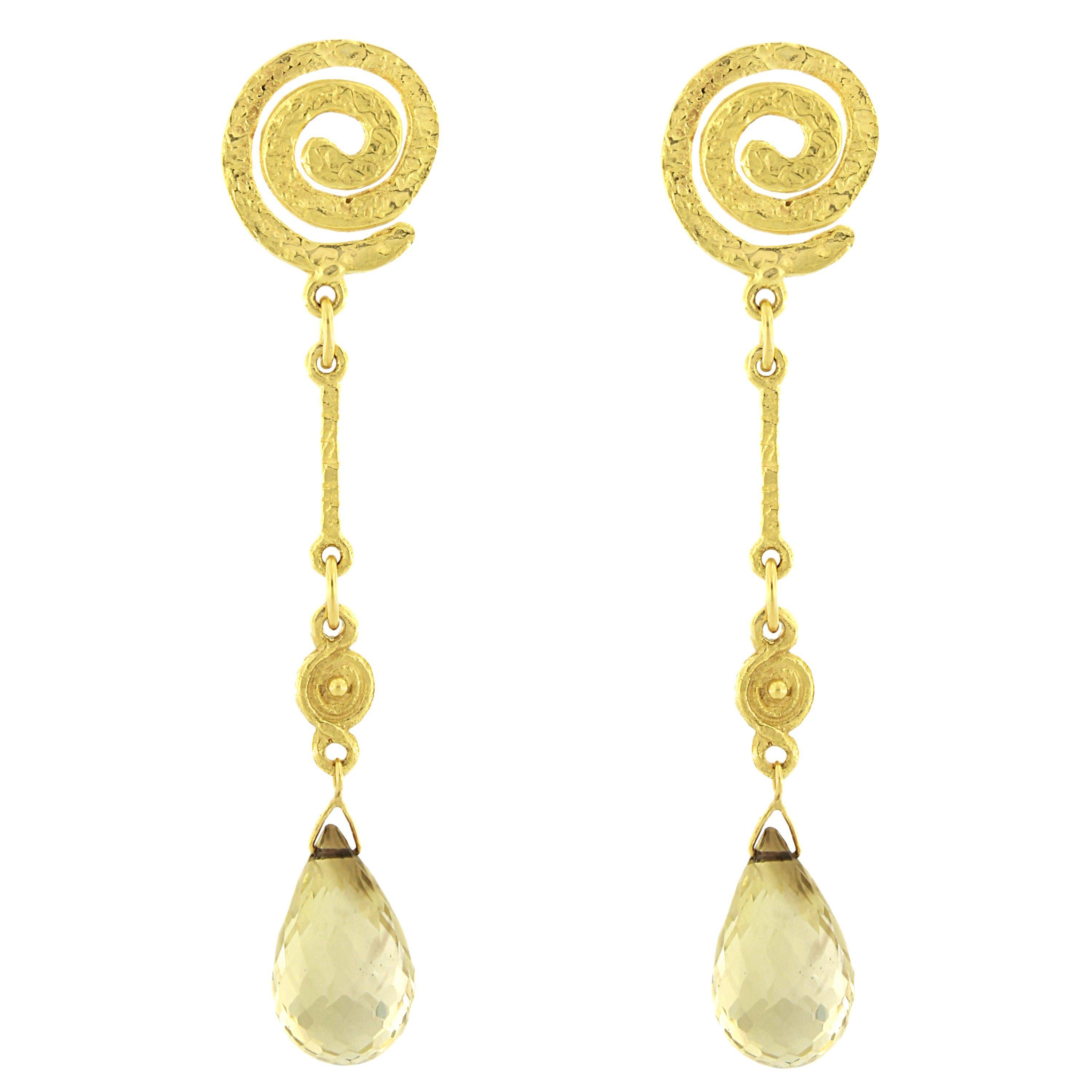 Sacchi Green Amethyst Gemstone 18 Karat Satin Yellow Gold Drop Earrings For Sale