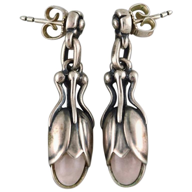 Pair of Earrings in Sterling Silver by Georg Jensen Adorned with Rose Quartz