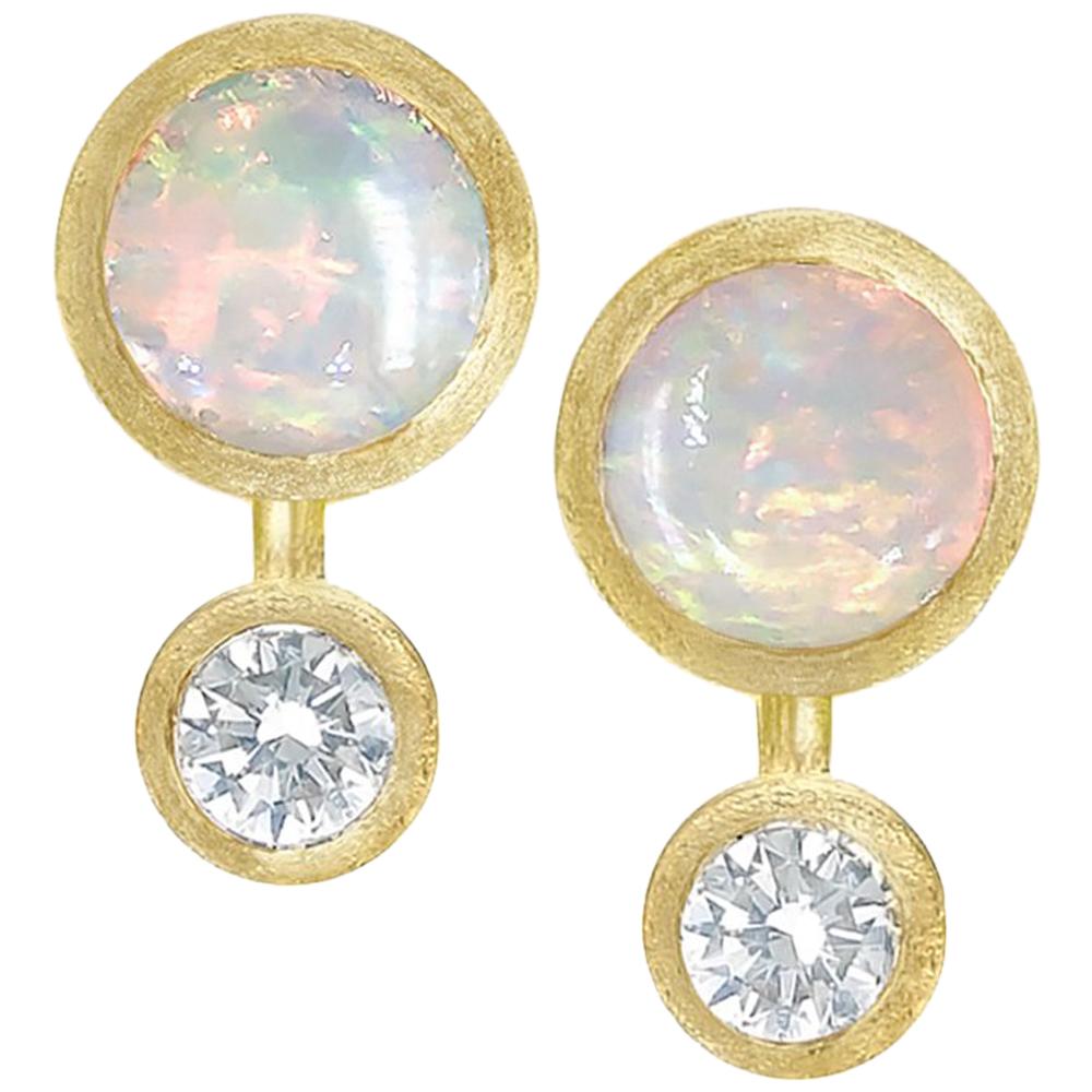 Australian Opal White Diamond Satin Gold Handmade Stud Earrings