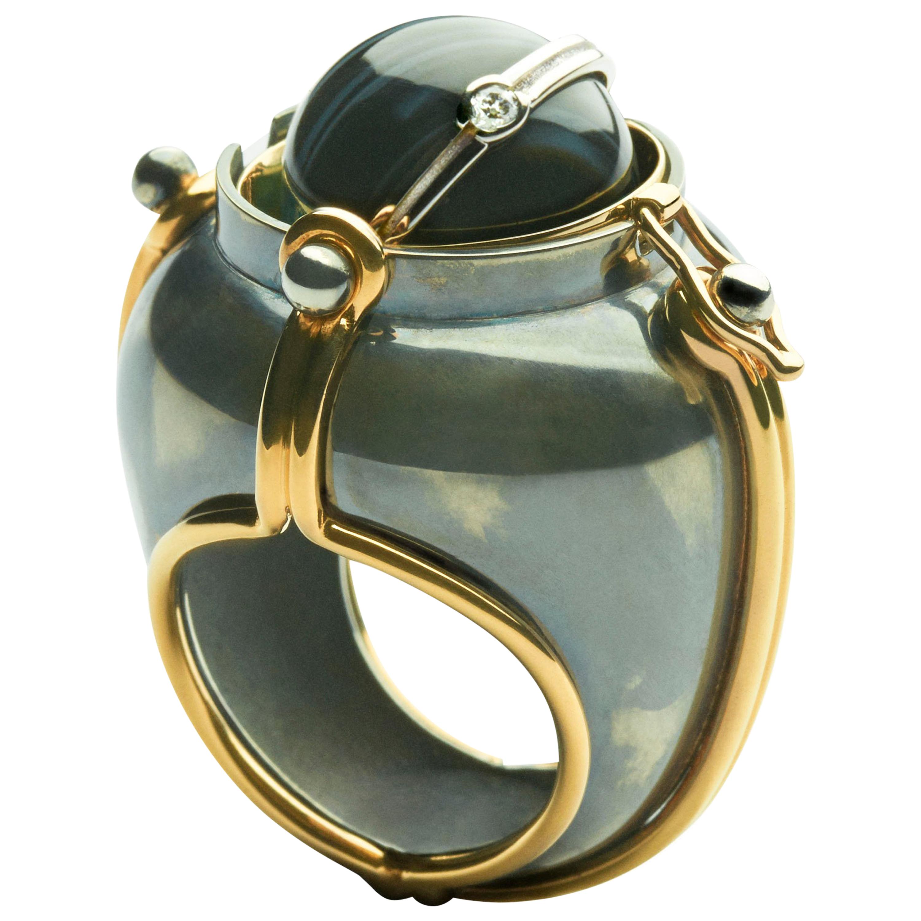 Scaphandre Ring Onyx by Elie Top For Sale