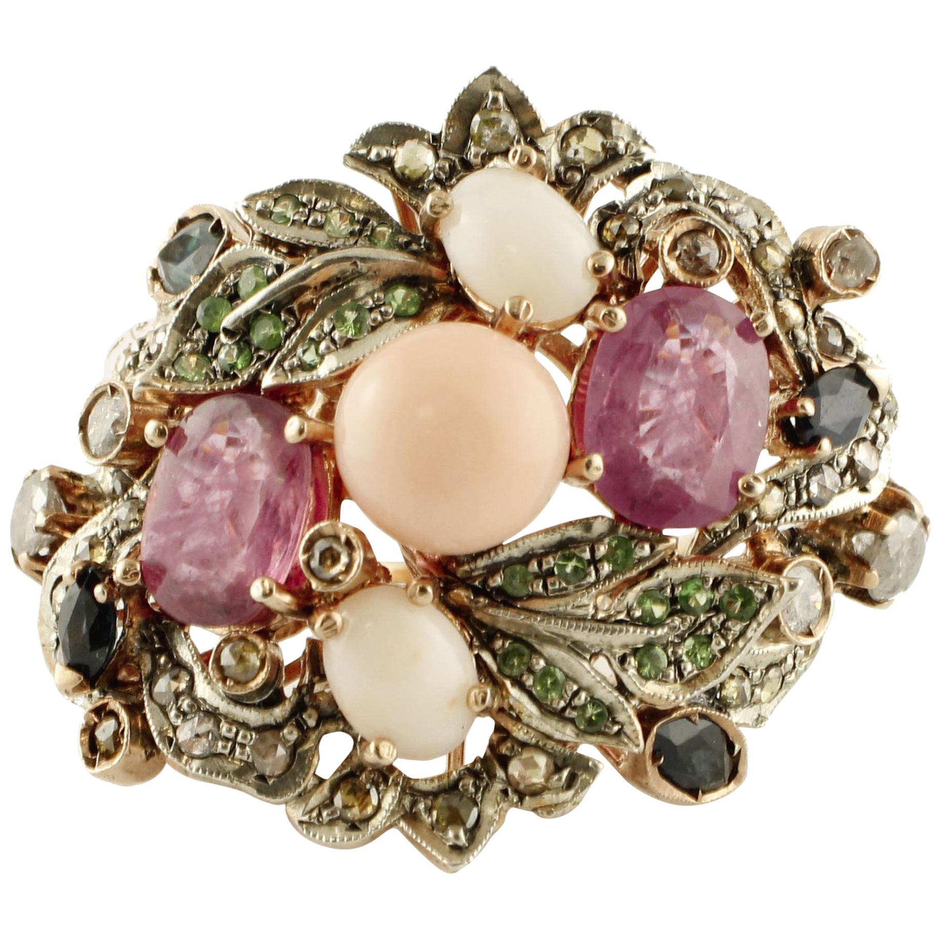 Diamonds, Rubies, Blue Sapphires, Corals, Tsavorites Rose Gold and Silver Ring