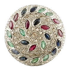 Vintage 2.70 Carat Diamonds 4.66 Navette Rubies Emeralds Sapphires Rose Gold Silver Ring
