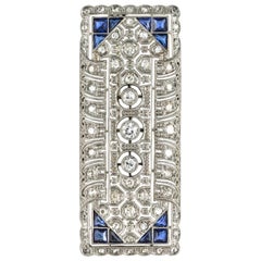 1930s Art Deco Diamond Sapphire White Gold-Plate Brooch