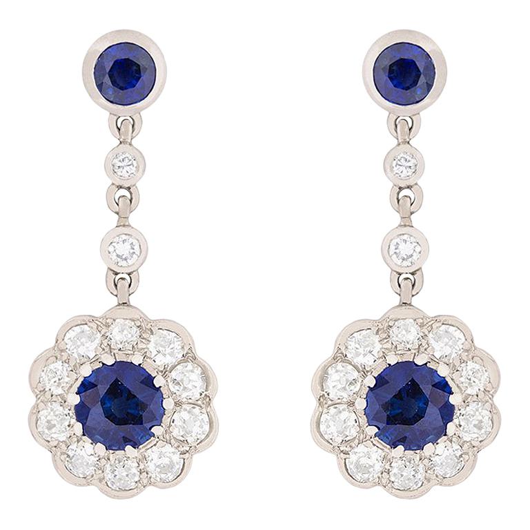 Art Deco Sapphire and Diamond Daisy Cluster Drop Earrings, circa 1920s