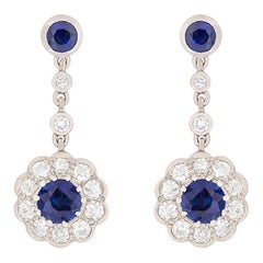 Antique Art Deco Sapphire and Diamond Daisy Cluster Drop Earrings, circa 1920s